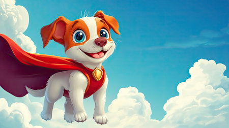 Playful cartoon puppy wearing a superhero cape with space for text in the skyの素材