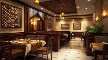 A serene and elegant South Asian restaurant with traditional decor, offering empty space for copy or brandingの素材