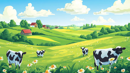 A picturesque dairy farm island with green fields and cows, providing ample space for copy or design elementsの素材