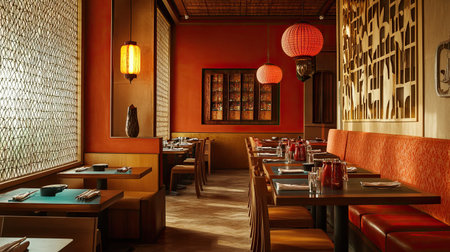A modern South Asian restaurant interior, stylishly decorated with ample copy space for branding or textの素材