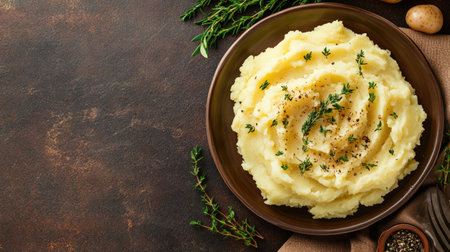 A delicious plate of creamy mashed potatoes, seasoned with herbs, seen from above with ample copy space for textの素材