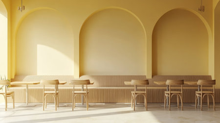 A minimalist South Asian restaurant interior with clean lines and plenty of copy space for branding or designの素材