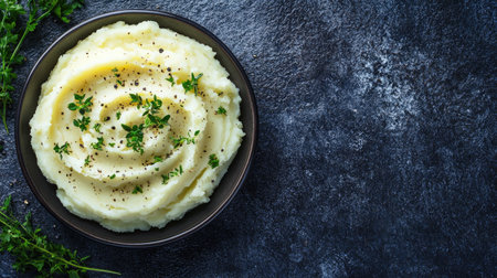 A delicious plate of creamy mashed potatoes, seasoned with herbs, seen from above with ample copy space for textの素材