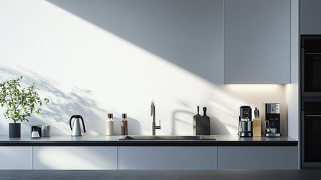 A minimalist kitchen with clean countertops and modern appliances, leaving ample space for text or brandingの素材