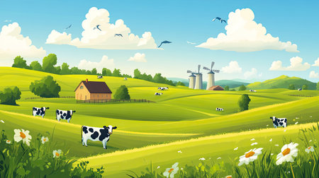 A picturesque dairy farm island with green fields and cows, providing ample space for copy or design elementsの素材