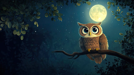 Cute cartoon owl perched on a branch under the moonlight. Dark sky provides space for textの素材