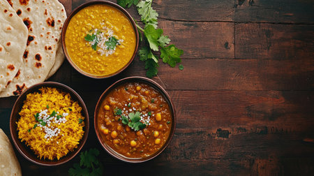A colorful assortment of Indian dishes including dal, curry, and naan, with copy space for branding or text in a top viewの素材