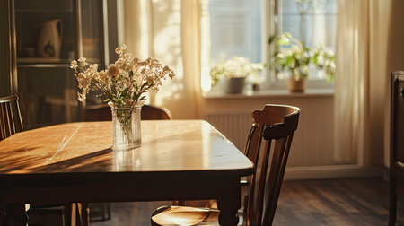 A cozy dining area with a wooden table, stylish chairs, and space for copy or text aroundの素材