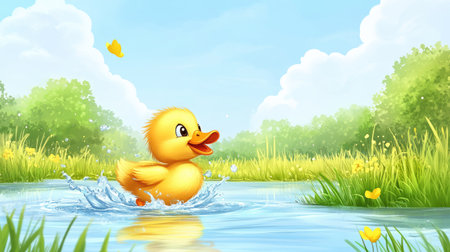 Happy cartoon duckling in a pond with open sky space for textの素材
