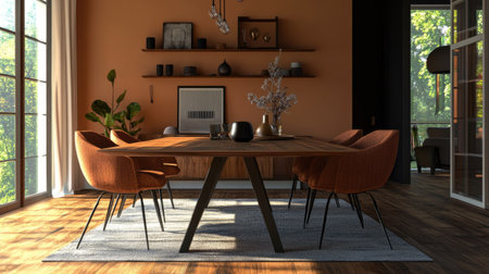 A cozy dining room with modern chairs, a wooden table, and decorative elements, providing space for textの素材
