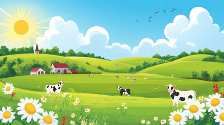 A picturesque dairy farm island with green fields and cows, providing ample space for copy or design elementsの素材