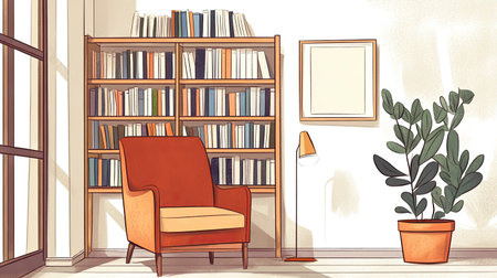 A cozy reading nook with books, a stylish armchair, and ample space for copy or design elementsの素材