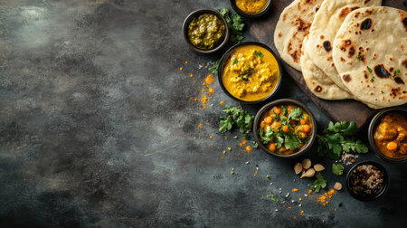 A spread of Indian delicacies like naan, curry, and chutney, photographed from above with space for text or brandingの素材
