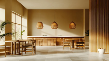 A minimalist South Asian restaurant interior with clean lines and plenty of copy space for branding or designの素材