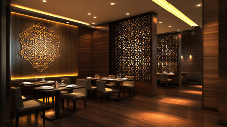 A sleek and modern South Asian restaurant interior with space for text or promotional contentの素材