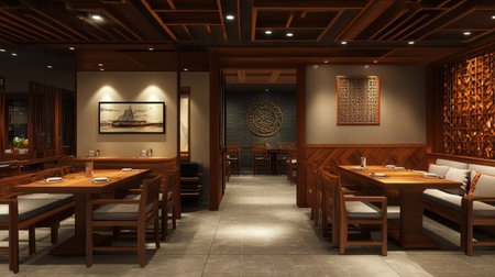 A spacious and stylish South Asian restaurant with wooden furniture, with ample space for copy or textの素材