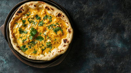 A top view of a mouth-watering Indian masala butter curry with naan bread, surrounded by empty space for copy or designの素材
