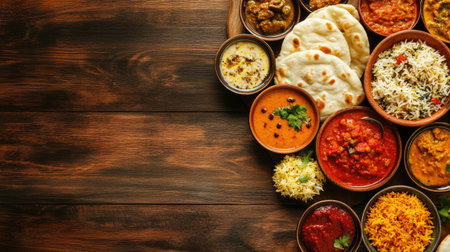 A vibrant Indian food spread with curries, biryani, and naan, leaving plenty of space for text or designの素材