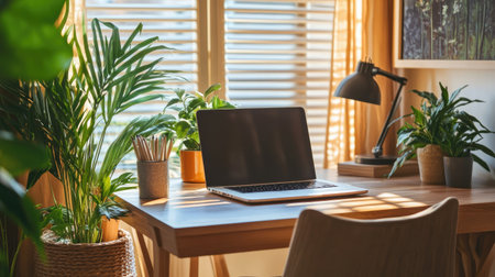 A well-decorated home office with a modern desk, laptop, and decorative plants, offering copy spaceの素材