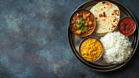 A vibrant Indian thali meal with curry, dal, roti, and rice, framed with copy space for text or designの素材