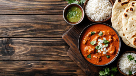 A traditional Indian feast with butter chicken, rice, and naan, shown from above with ample space for copyの素材