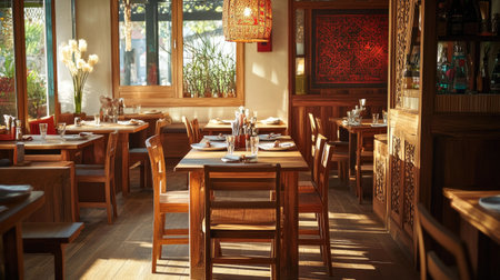 A tranquil South Asian restaurant setting with wooden tables and chairs, leaving room for text or brandingの素材