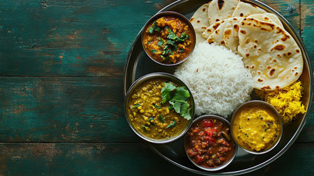 A vibrant Indian thali meal with curry, dal, roti, and rice, framed with copy space for text or designの素材