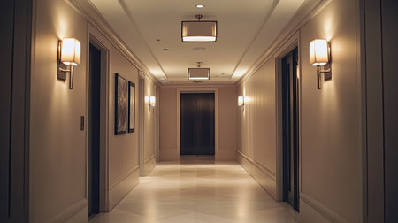 A well-decorated hallway with modern lighting and artwork, leaving space for text or brandingの素材