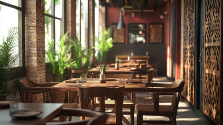 A tranquil South Asian restaurant setting with wooden tables and chairs, leaving room for text or brandingの素材