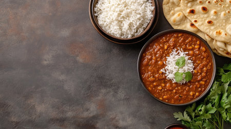 A top view of Indian dishes including dal makhani, rice, and naan, surrounded by copy space for text or brandingの素材