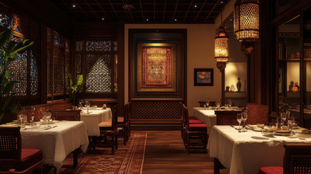 A well-lit South Asian restaurant dining room with no people, leaving space for branding or promotional contentの素材