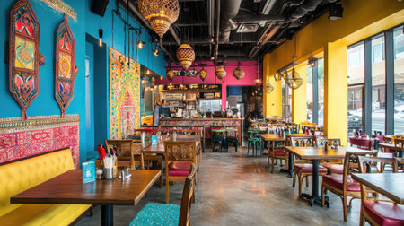 A vibrant South Asian restaurant with colorful decor and ample space for copy or branding elementsの素材