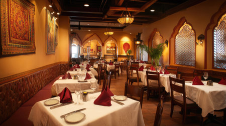 An inviting South Asian restaurant with beautifully set tables, offering ample space for copy or designの素材
