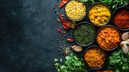 An inviting top view of a variety of Indian vegetarian dishes with spices and herbs, offering copy space aroundの素材