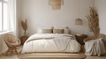 Scandinavian-style bedroom interior with simple decor and natural tones, offering space for text or brandingの素材