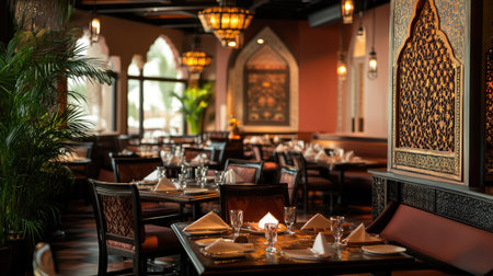An elegant South Asian restaurant setting with traditional decor and space for text or promotional contentの素材