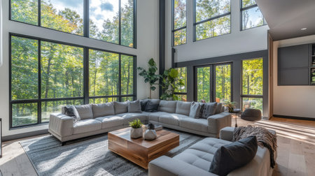 Bright and airy living room with large windows, modern decor, and copy space aroundの素材