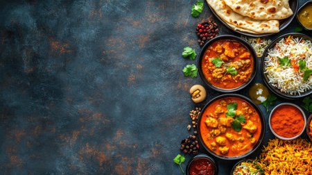 A vibrant Indian food spread with curries, biryani, and naan, leaving plenty of space for text or designの素材