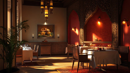 An elegant South Asian restaurant setting with traditional decor and space for text or promotional contentの素材