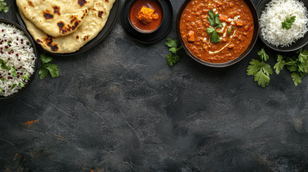 A top view of Indian dishes including dal makhani, rice, and naan, surrounded by copy space for text or brandingの素材