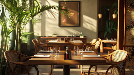 A tranquil South Asian restaurant setting with wooden tables and chairs, leaving room for text or brandingの素材