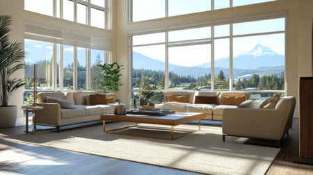 Contemporary living room with large windows, decorative accents, and space for copy or brandingの素材