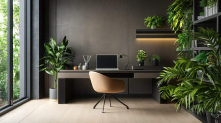 Contemporary home office with a sleek desk and chair, surrounded by plants and space for textの素材
