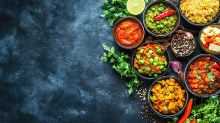 An inviting top view of a variety of Indian vegetarian dishes with spices and herbs, offering copy space aroundの素材