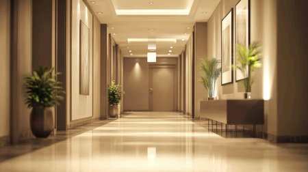 A well-decorated hallway with modern lighting and artwork, leaving space for text or brandingの素材