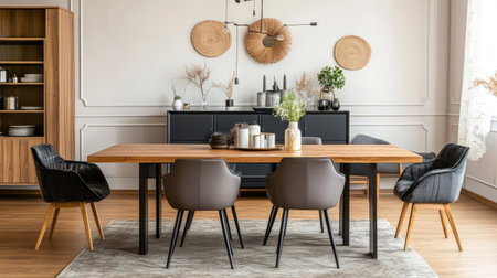 Elegant dining room with a wooden table, modern chairs, and decorative elements, with space for copyの素材