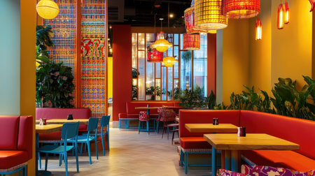 A vibrant South Asian restaurant with colorful decor and ample space for copy or branding elementsの素材