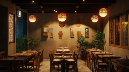 An inviting South Asian restaurant interior with warm lighting and space for copy or branding elementsの素材