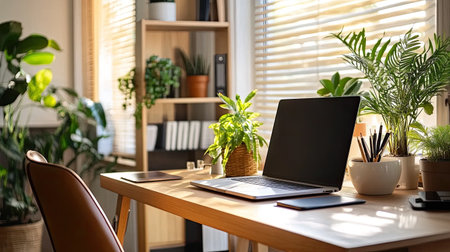 A well-decorated home office with a modern desk, laptop, and decorative plants, offering copy spaceの素材