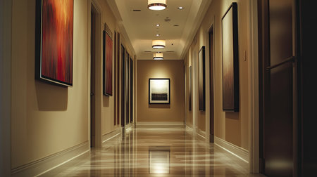 A well-decorated hallway with modern lighting and artwork, leaving space for text or brandingの素材